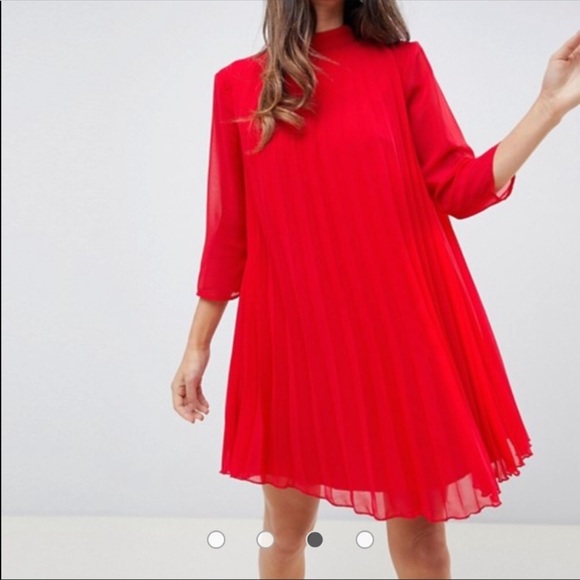 NWT ASOS Design Red Pleated Trapeze Mini Dress - Picture 2 of 4